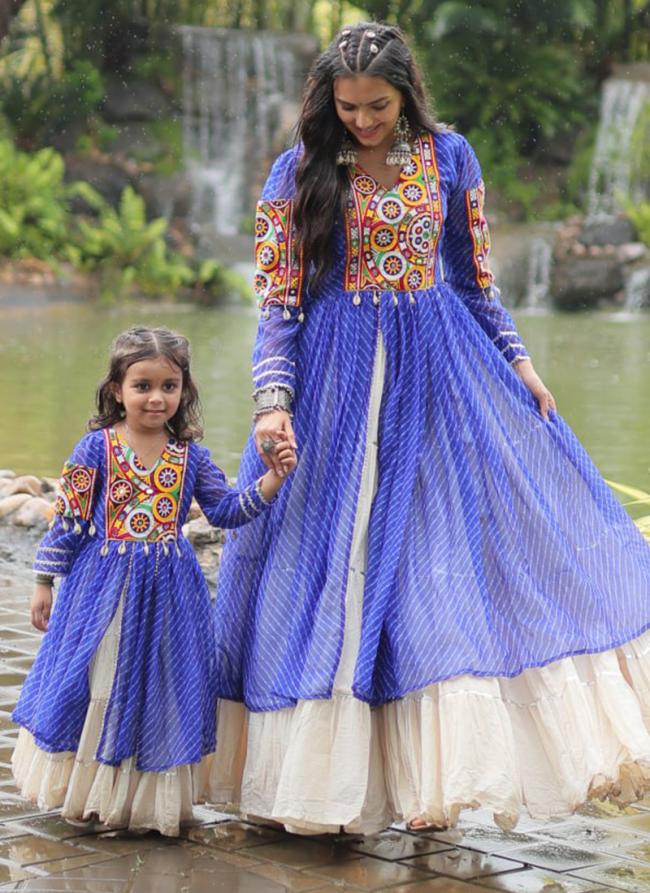 Georgette Blue Navratri Wear Leheriya Print Readymade Combo Set For Mom And Daughter